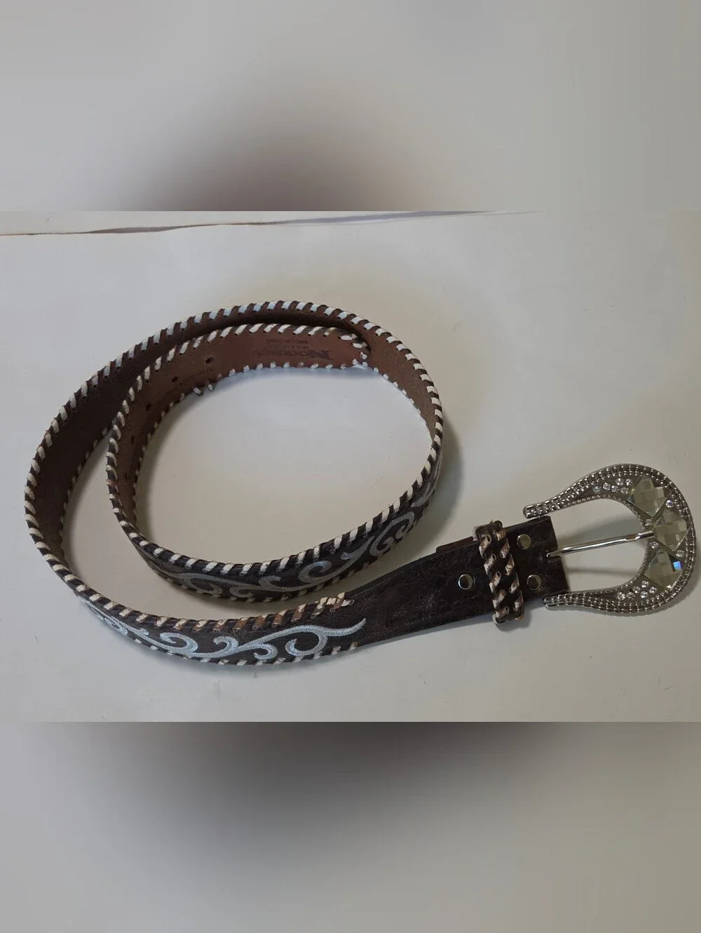 Nocona Brown Leather Belt with Rhinestone Buckle & Embroidery Scroll Size L